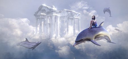 fantasy-4853146　ファンタジー イルカ 飛行 建物 女の子 乗る 雲 空 夢 幻想的 光