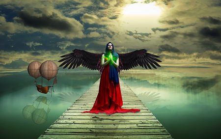 woman-3839760　女性 巫女 神秘的 ファンタジー 祈る 桟橋 山 自然 湖