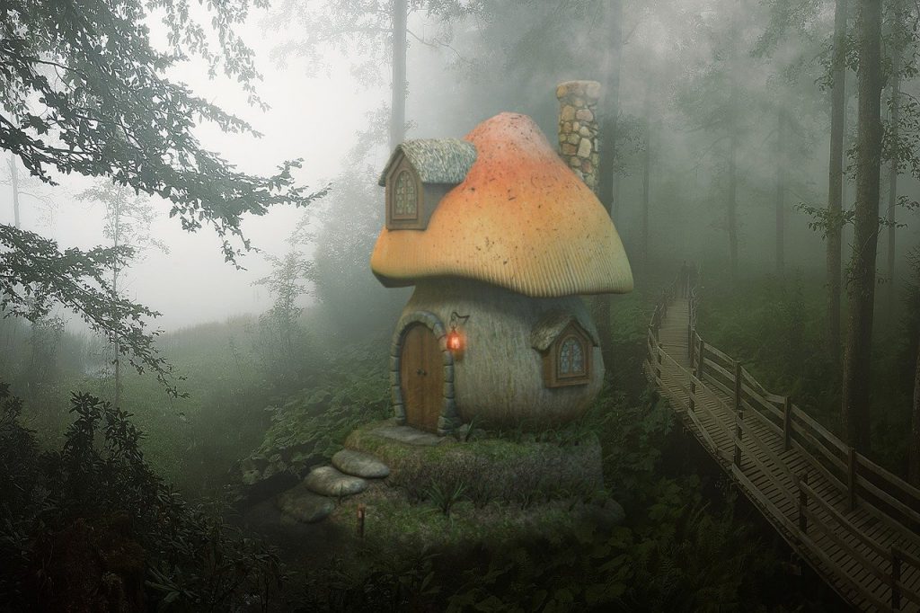 mushroom-3800390　キノコ 家 森林 木材 ファンタジー ファンタジー風景 煙 ミスト 魅惑 おとぎ話 魔法の