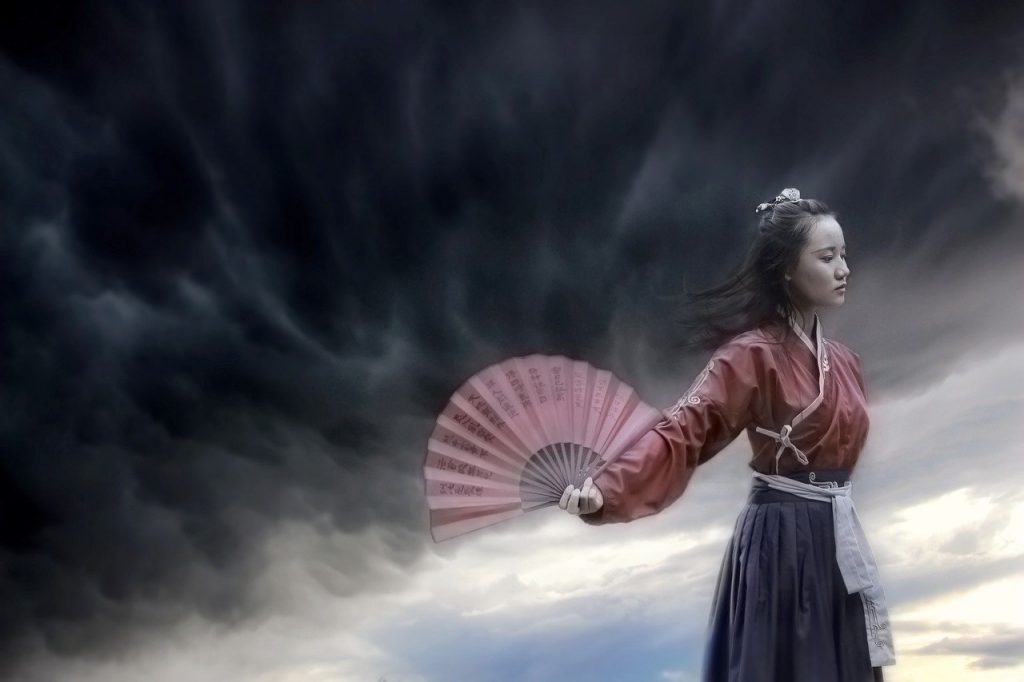 china-1572774　中国 古代 女の子 緊張は、演習 アジア 衣料品 着物 伝統的 ファン 嵐